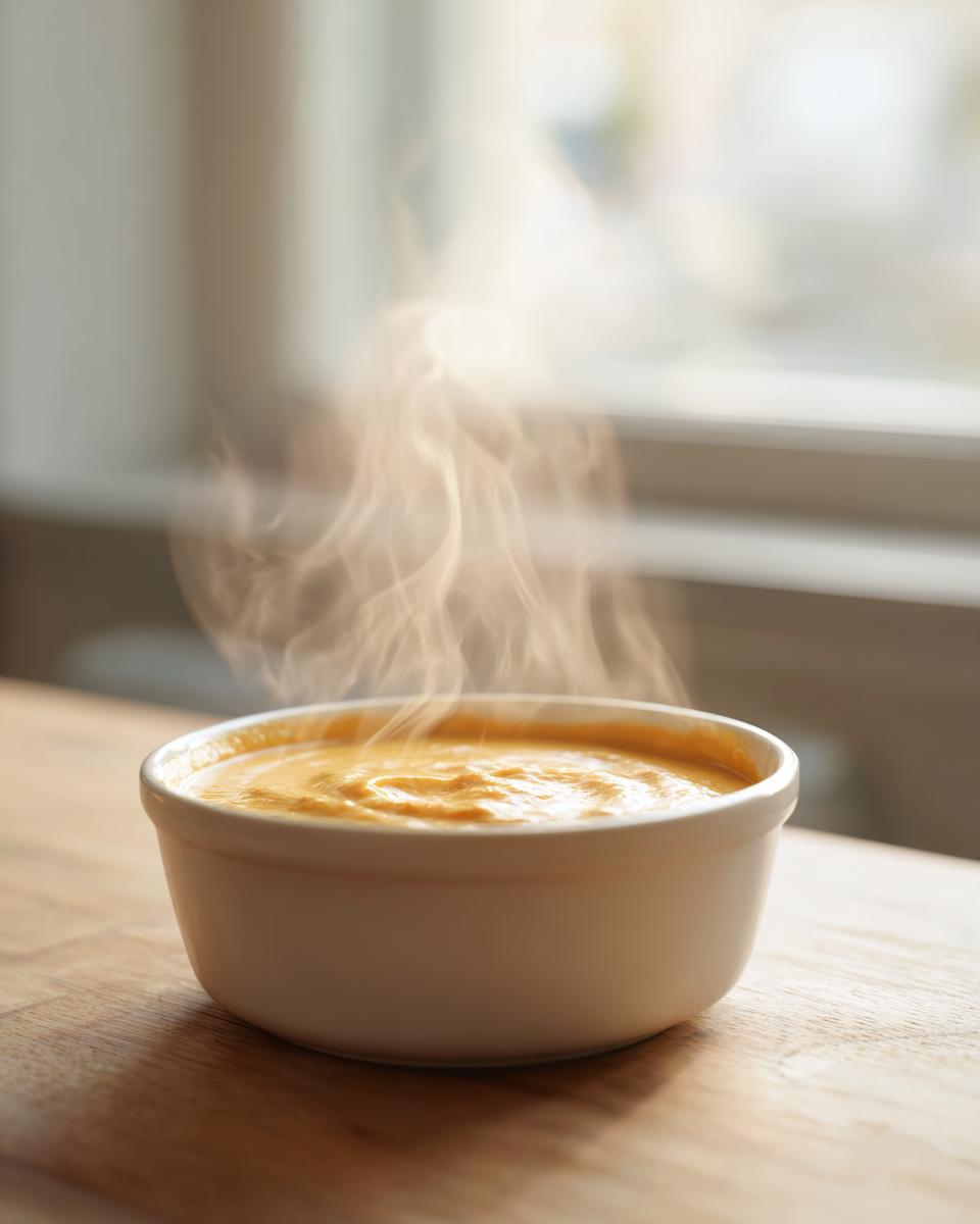 A white bowl filled with hot, creamy, orange-colored beer cheese dip, with steam rising from the surface.