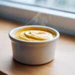 Close-up of hot, creamy, yellow beer cheese dip steaming slightly in a small white ramekin.