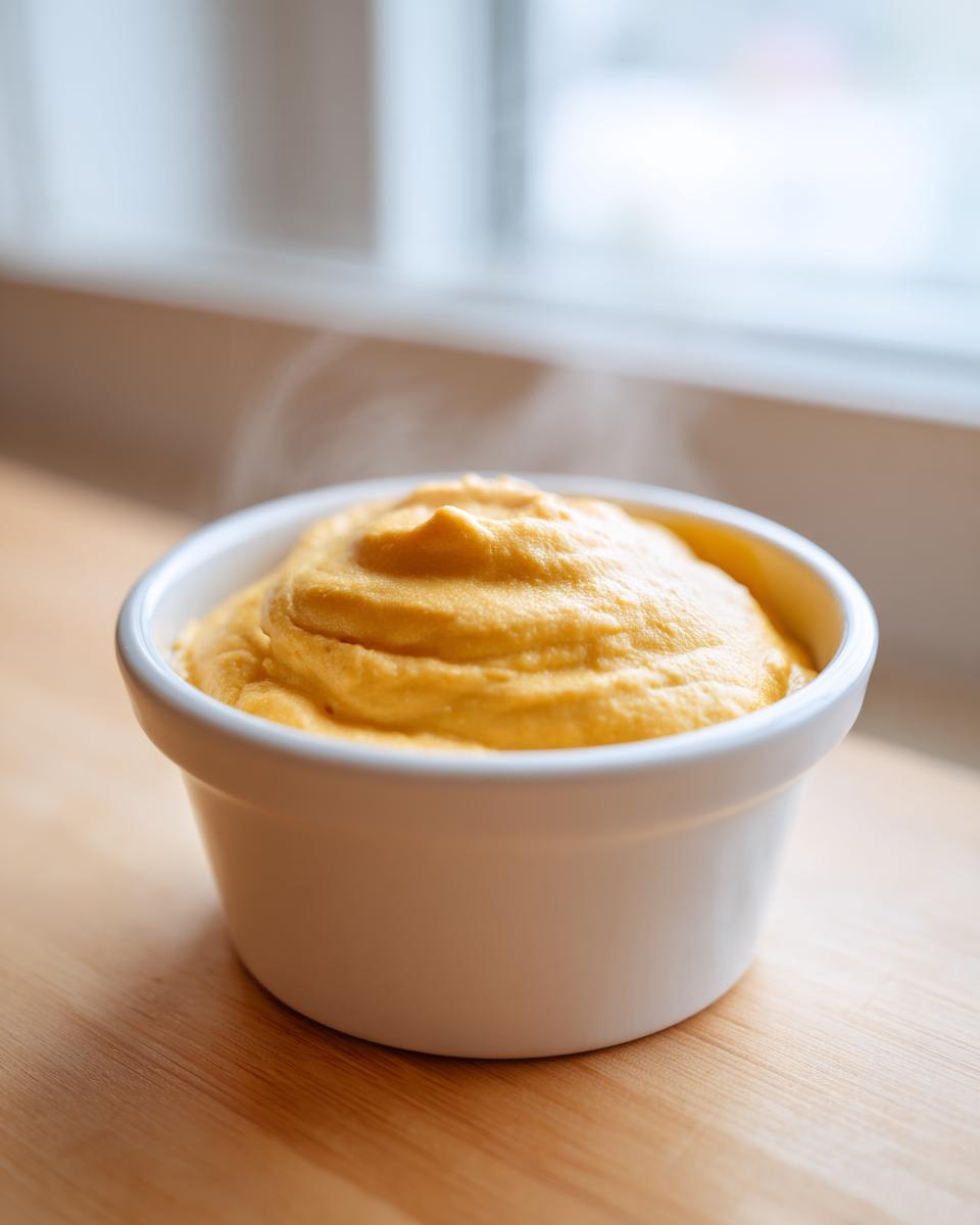 Close-up of hot, creamy, orange beer cheese dip steaming slightly in a small white bowl.