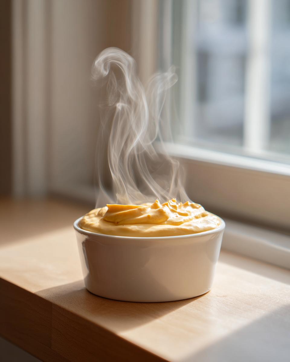 A close-up of hot, steaming beer cheese dip served in a white bowl on a wooden surface near a window.