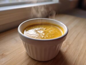 A close-up shot of hot, steaming beer cheese dip in a small white ramekin sitting on a wooden surface.