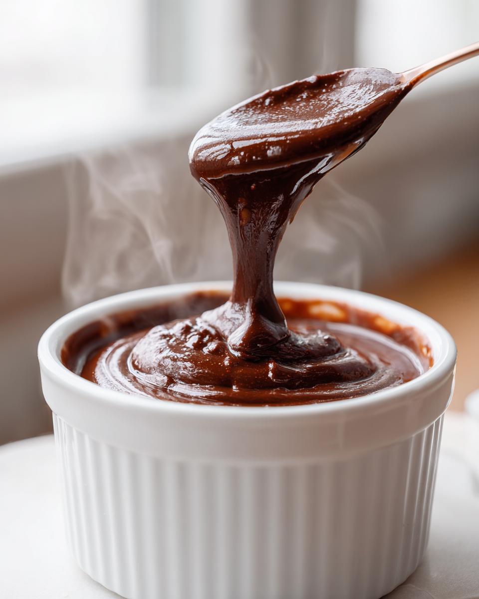 A spoonful of rich, steaming chocolate fondue being lifted from a white ramekin.
