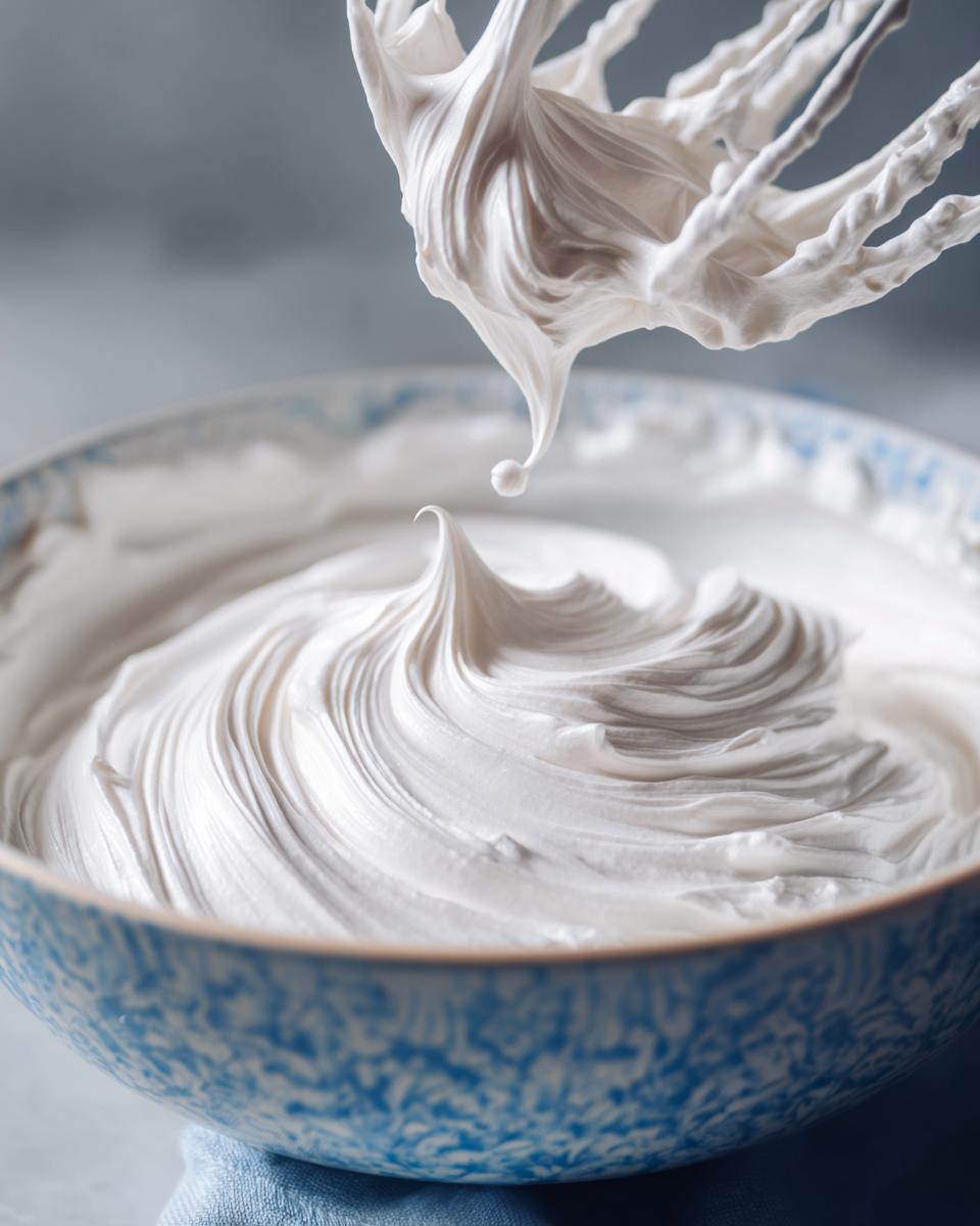 Close-up of stiff, white royal icing recipe mixture being lifted by a whisk, showing perfect peaks.