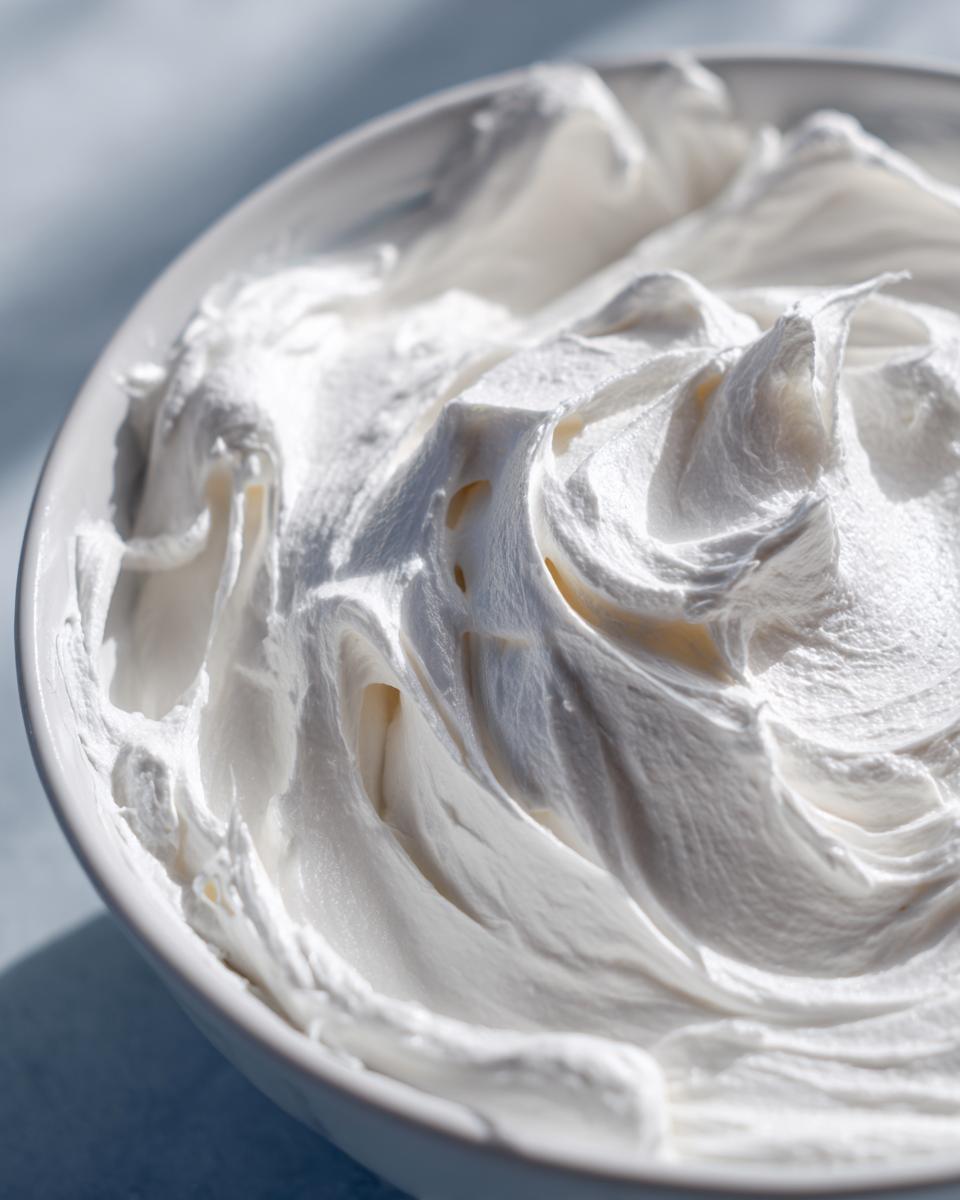 Close-up of thick, perfectly whipped white royal icing recipe in a white bowl, showing stiff peaks.