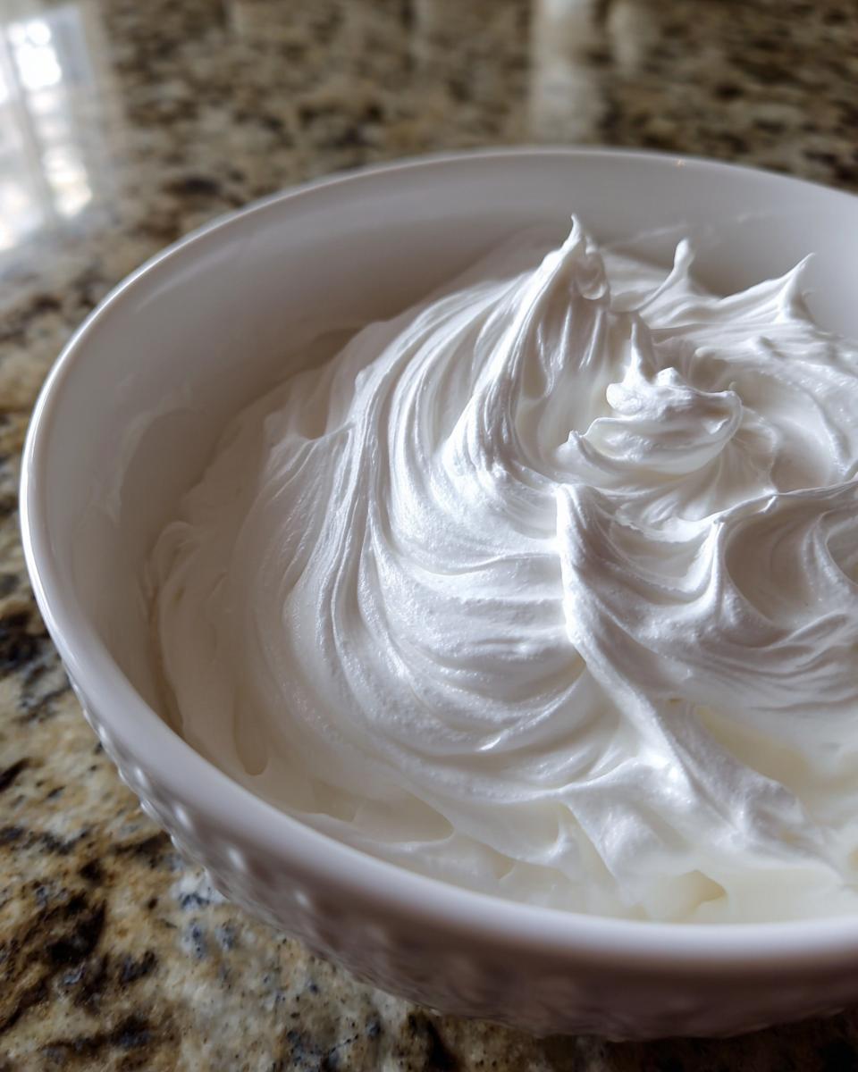 Close-up of stiff, bright white royal icing recipe mixture with distinct peaks in a white bowl.