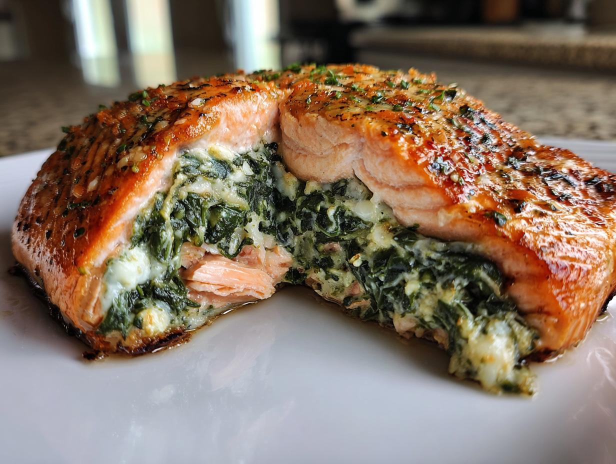 Cross-section view of a perfectly cooked stuffed salmon, revealing a creamy spinach filling inside the flaky fish.