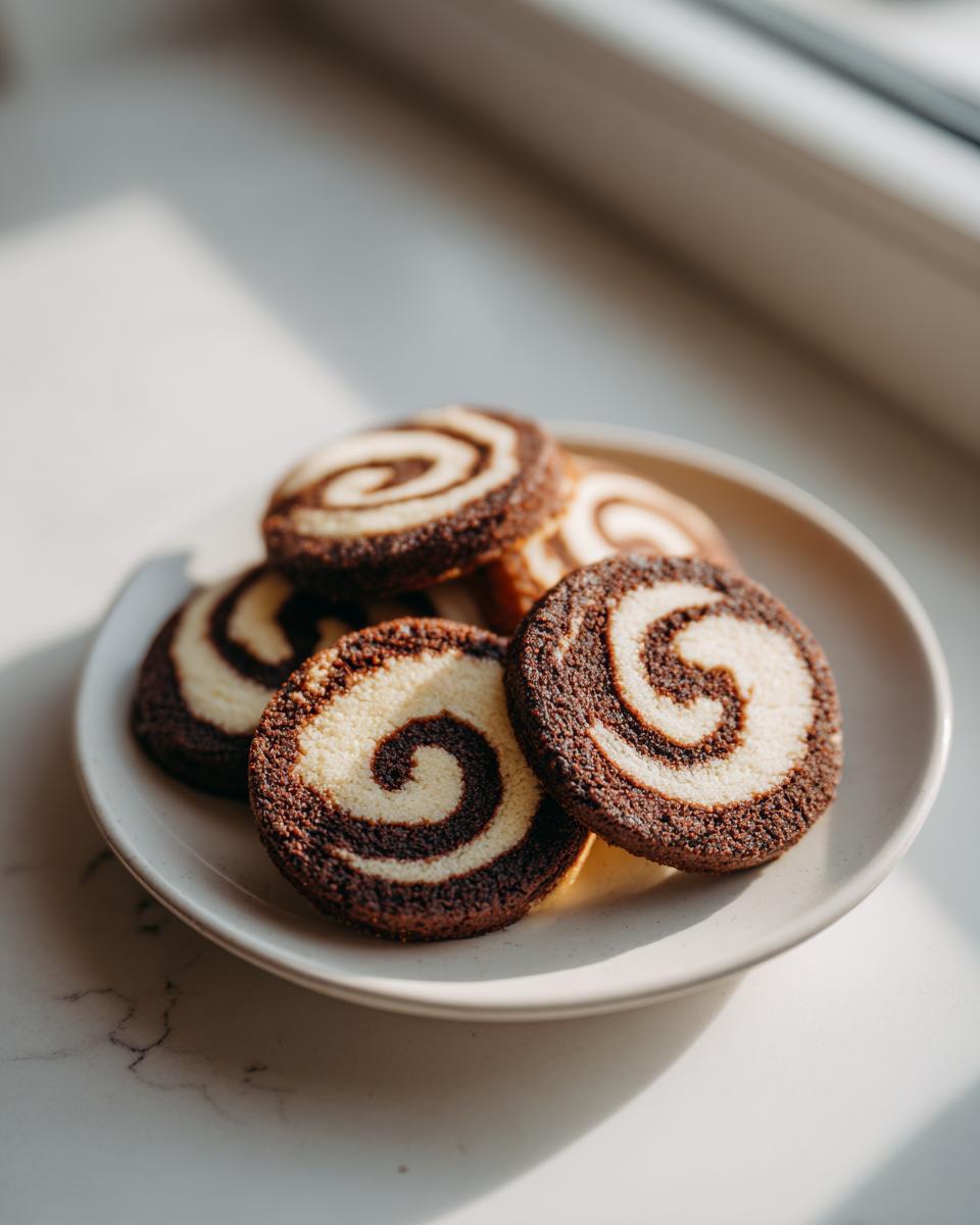 A small stack of freshly baked pinwheel cookies featuring a distinct dark chocolate and light vanilla swirl pattern.