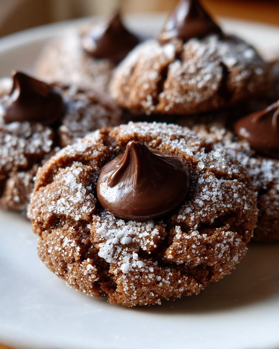 Close-up of rich, chocolatey peanut butter blossoms rolled in sugar with a chocolate kiss on top.