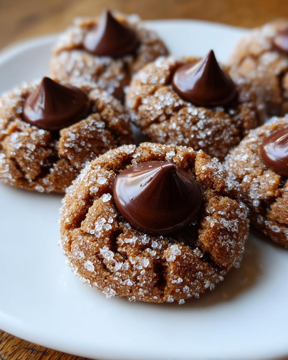 A close-up photo of several sugar-coated peanut butter blossoms cookies topped with a chocolate kiss.