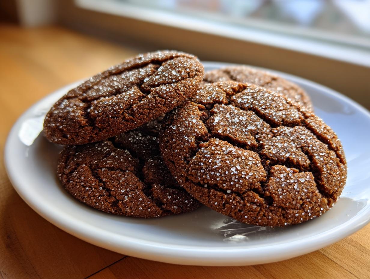 Close-up of several dark, crinkly gingersnap cookies generously coated in sparkling white sugar crystals.