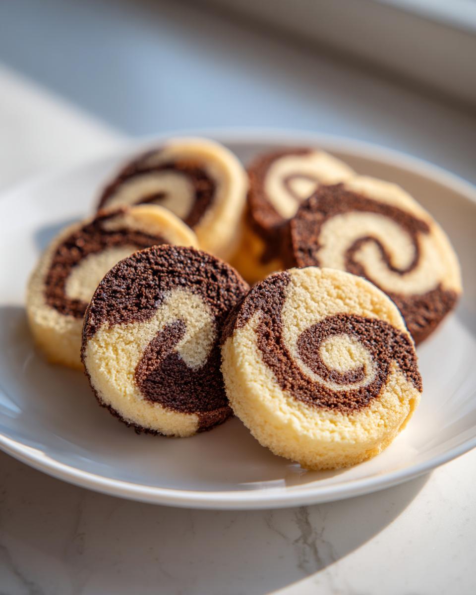 Several slices of beautiful chocolate and vanilla pinwheel cookies arranged on a white plate.