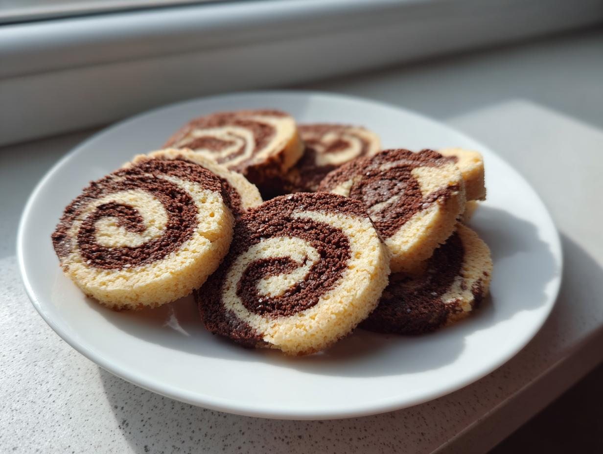 A white plate holds several slices of beautiful chocolate and vanilla pinwheel cookies, showcasing their distinct swirl pattern.