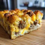 A thick, golden-brown slice of tater tot breakfast casserole featuring sausage, melted cheddar cheese, and crispy tater tots on top.