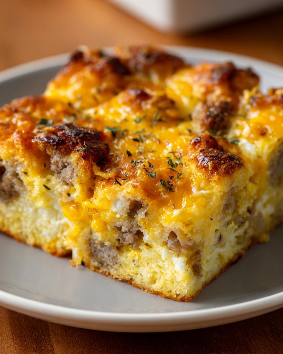 Close-up of a square slice of tater tot breakfast casserole topped with melted cheddar cheese and herbs.