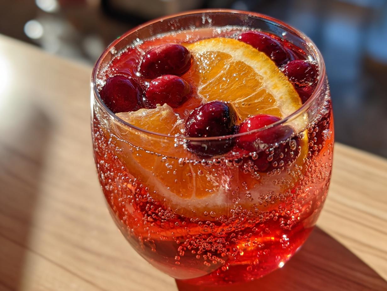Close-up of a glass filled with bright red Thanksgiving punch, garnished with fresh cranberries and an orange slice.