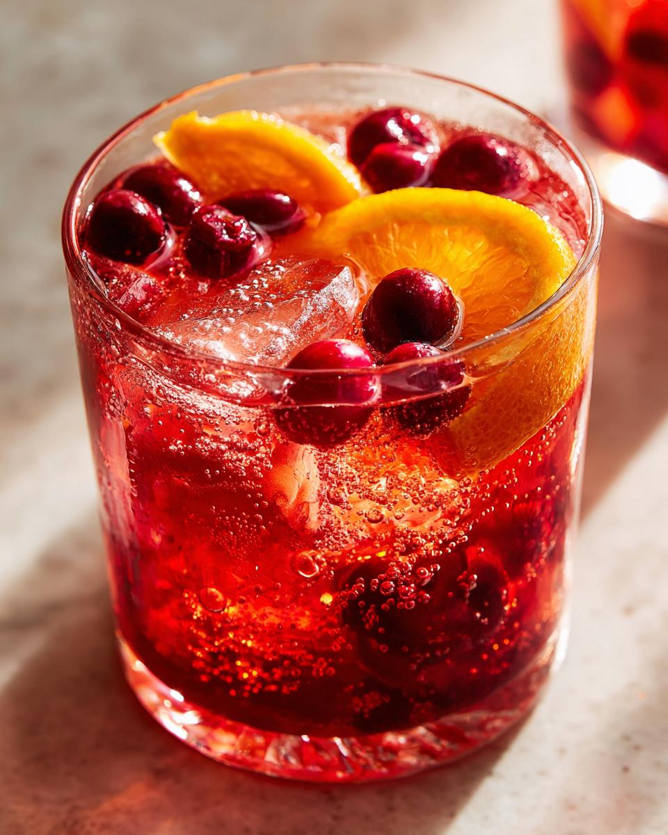 Close-up of a glass filled with bright red, bubbly Thanksgiving punch, garnished with whole cranberries and orange slices.