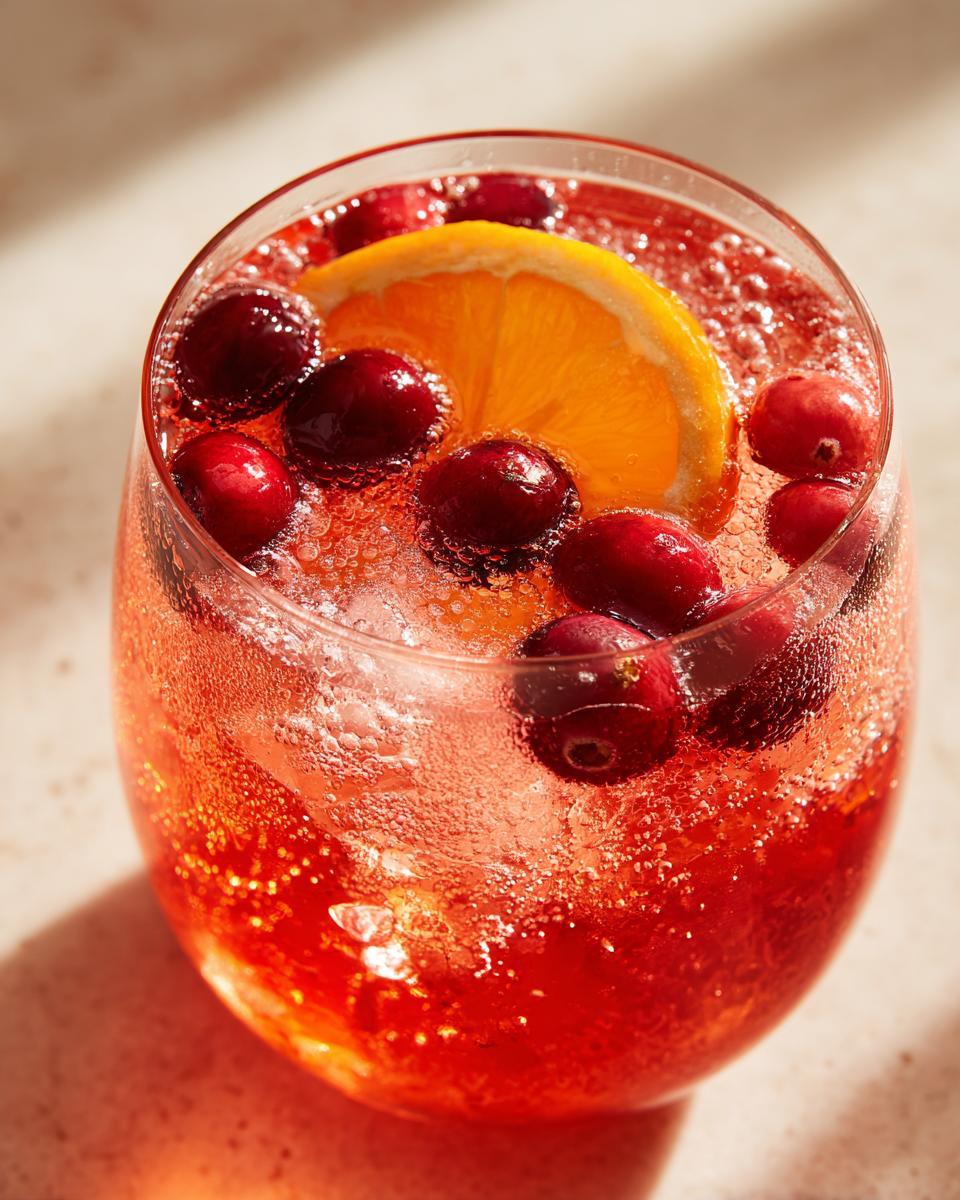 Close-up of a glass filled with bubbly red thanksgiving punch, garnished with fresh cranberries and an orange slice.