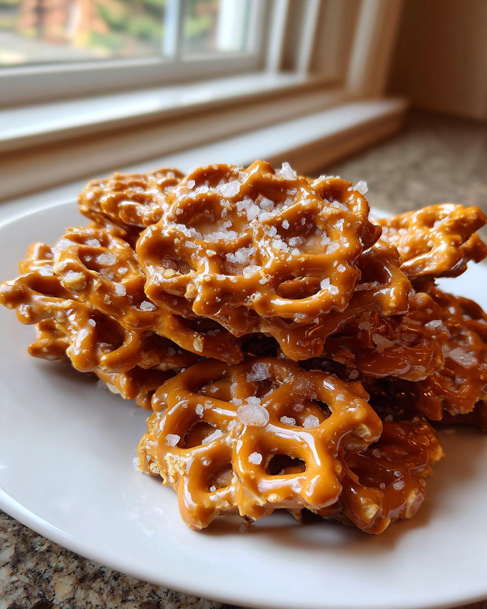A close-up of stacked, glazed toffee pretzels generously topped with coarse sea salt crystals.