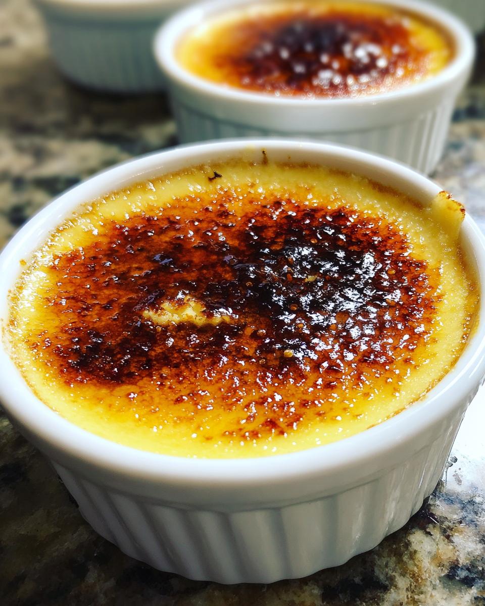 Close-up of a freshly torched Creme Brulee with a dark, glassy caramelized sugar top in a white ramekin.