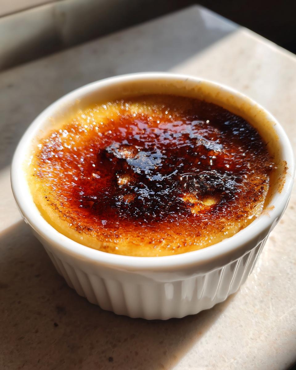 Close-up of a single serving of Creme Brulee in a white ramekin, featuring a deeply caramelized, crackling sugar crust.