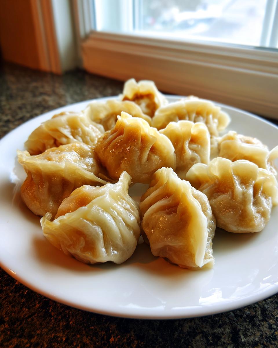 A white plate filled with freshly steamed Traditional Chinese Dumplings, set near a bright window.
