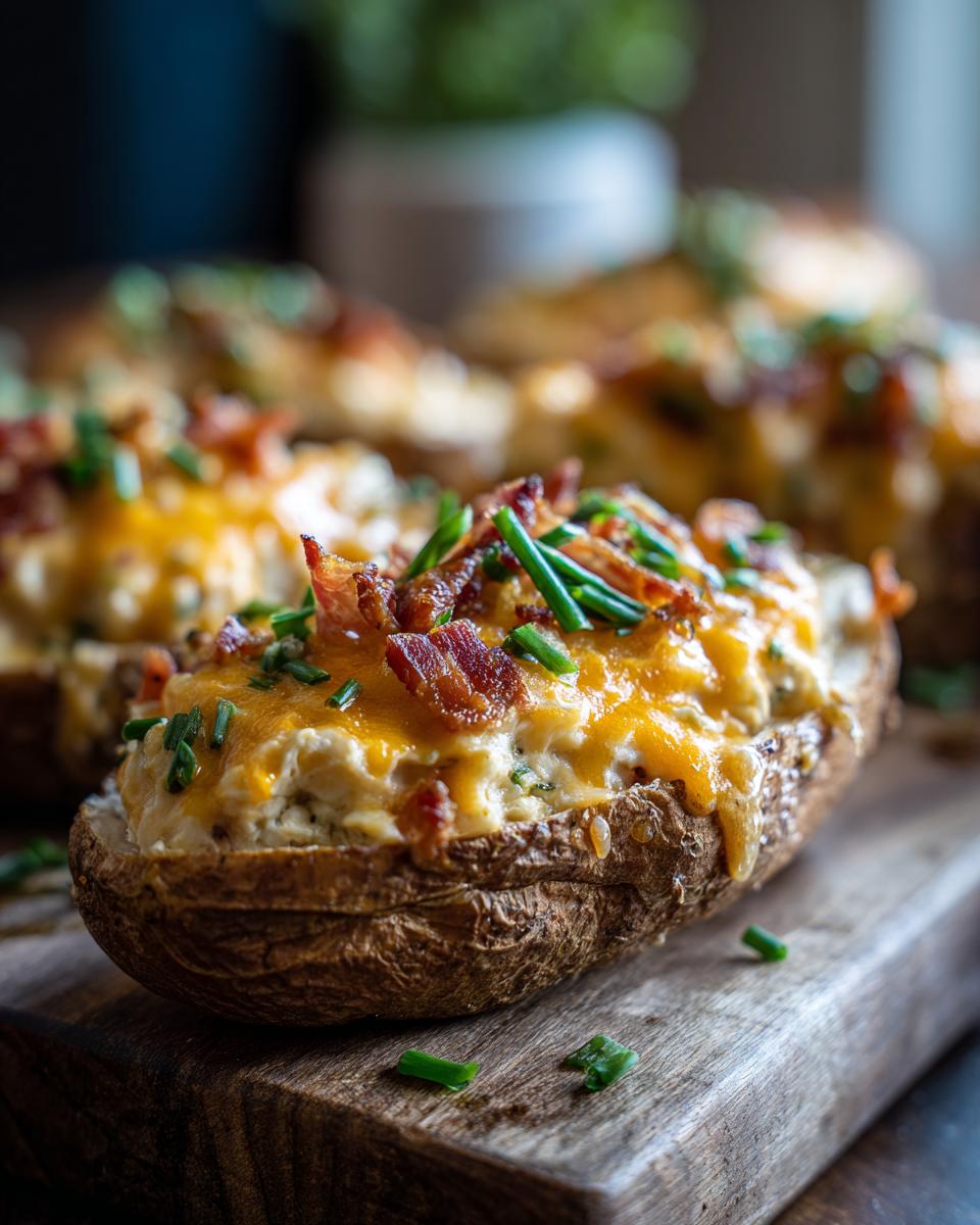 A close-up of a perfectly prepared twice-baked potato, topped with melted cheddar cheese, crispy bacon bits, and fresh chives.