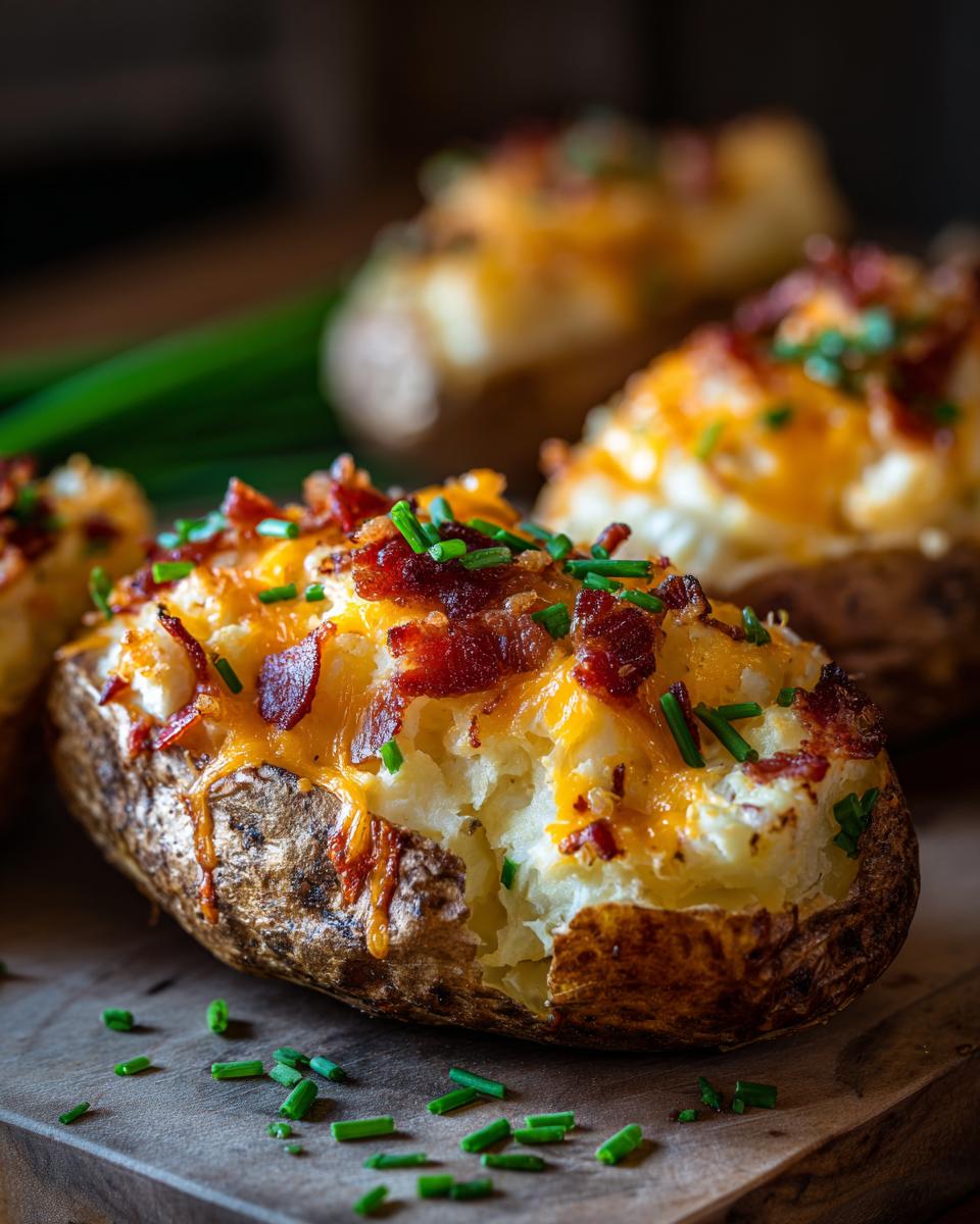 A close-up of a delicious twice-baked potato loaded with melted cheddar cheese, crispy bacon bits, and fresh chives.