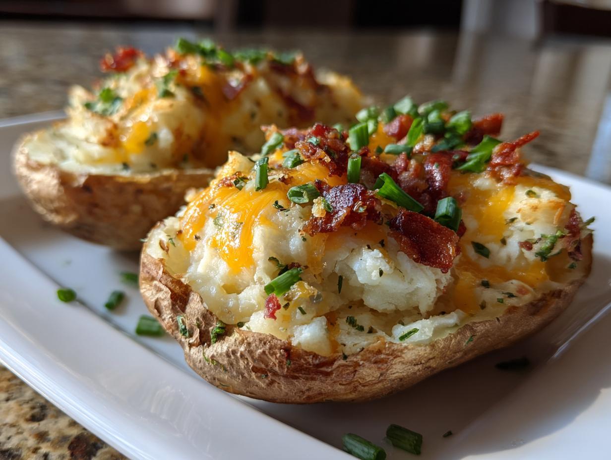 Two servings of twice-baked potatoes loaded with melted cheddar cheese, bacon bits, and fresh chives on a white plate.