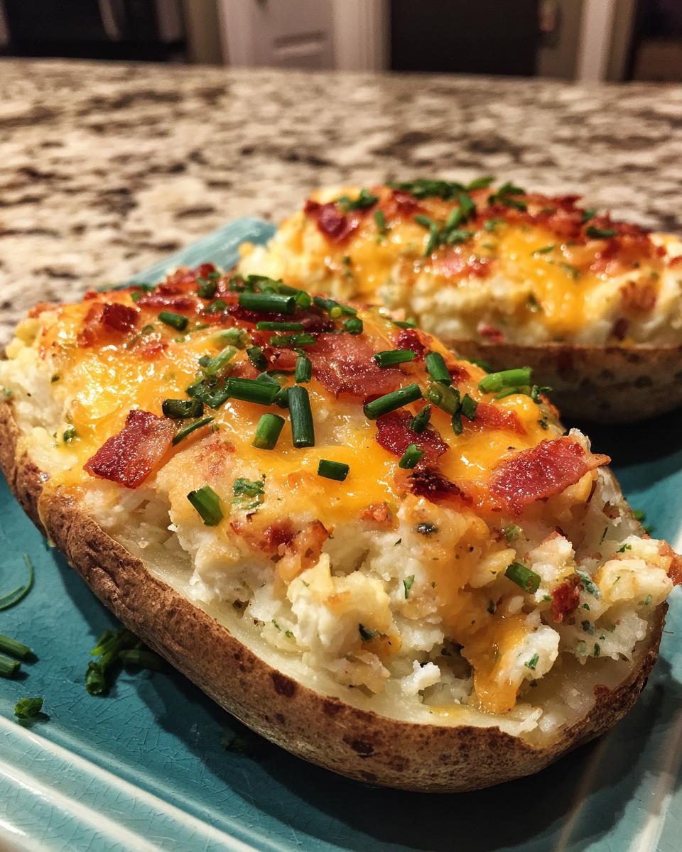Two delicious twice-baked potatoes loaded with melted cheddar cheese, bacon bits, and fresh chives on a blue plate.