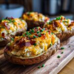 A close-up of a delicious twice-baked potato overflowing with melted cheddar cheese, bacon bits, and fresh chives.