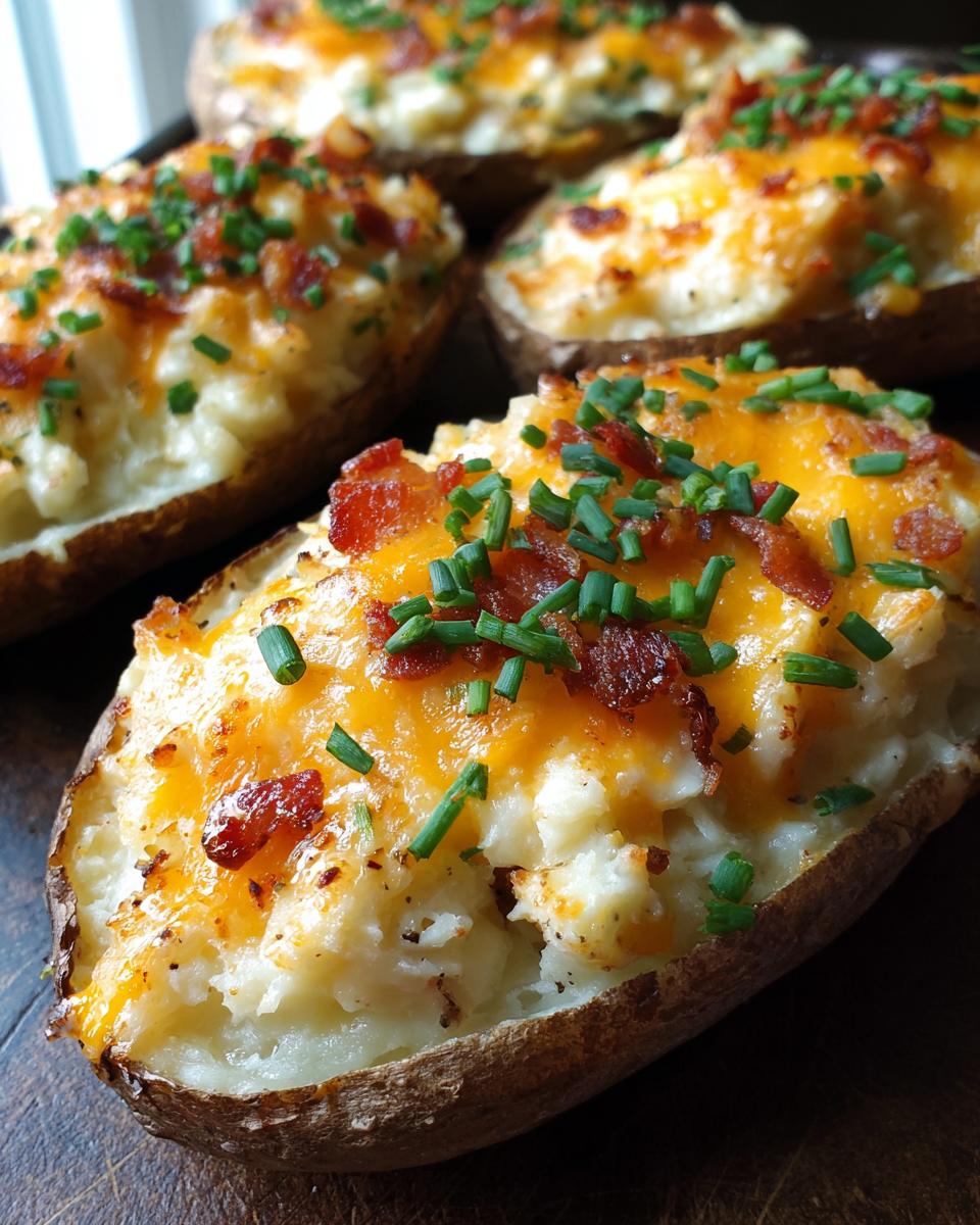 A close-up of freshly baked twice-baked potatoes loaded with melted cheddar cheese, bacon bits, and chives.