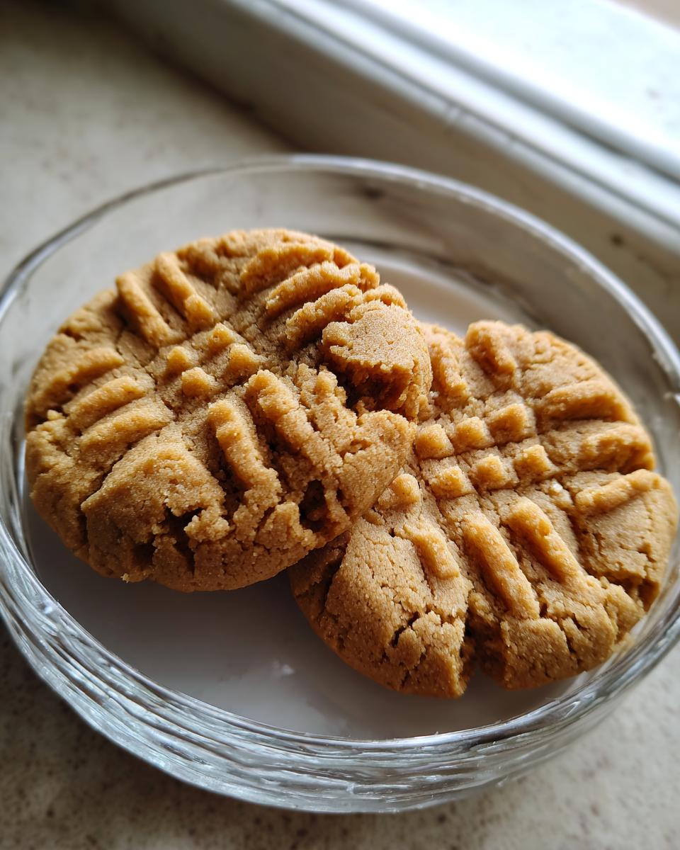 Close-up of two golden brown peanut butter cookies with classic crosshatch fork marks, served in a small glass dish.