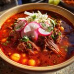 Close-up of a rich, red Pozole rojo soup topped with shredded meat, hominy, radishes, cabbage, and cilantro.