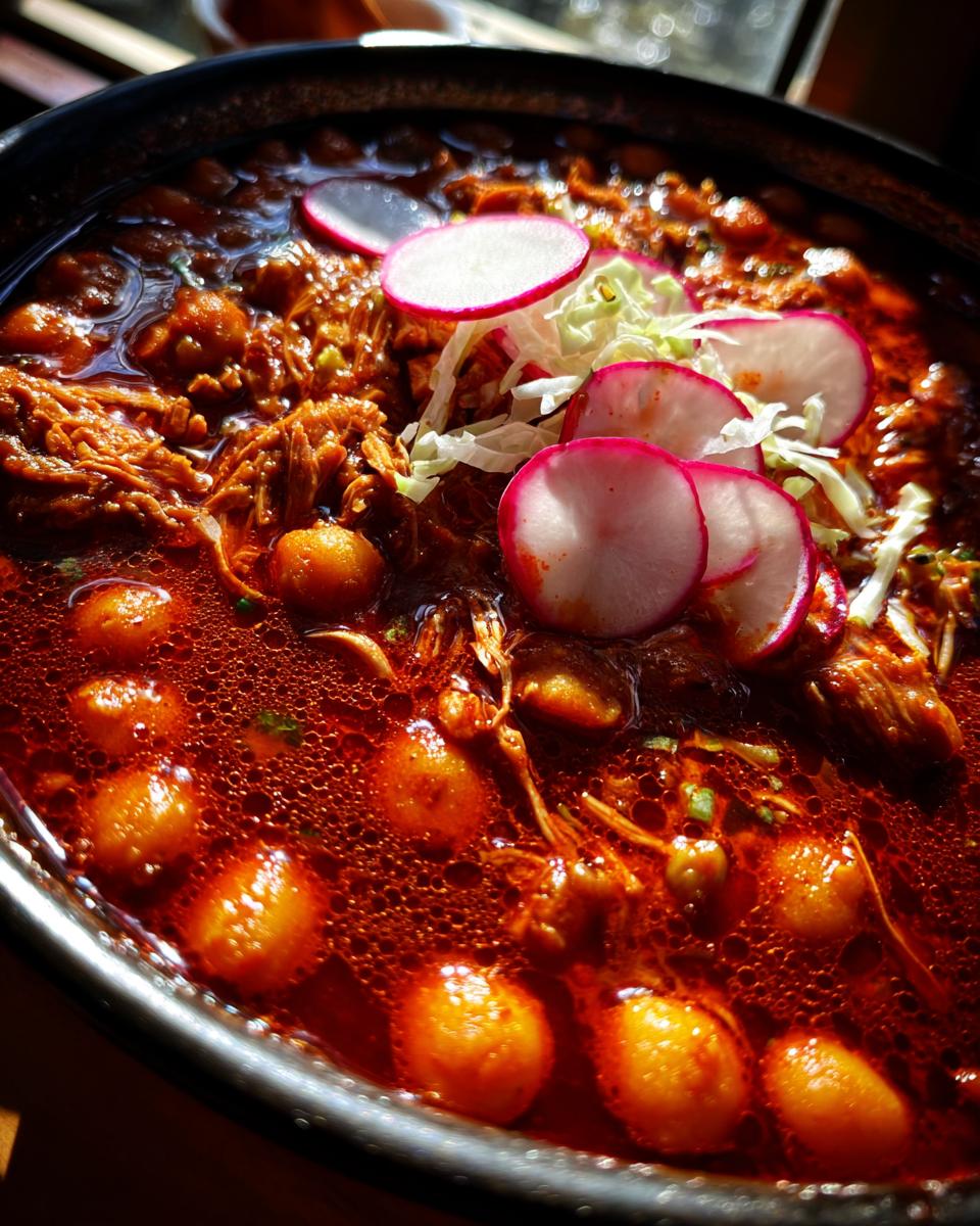Close-up of a rich, red Pozole rojo stew featuring hominy, shredded meat, topped with sliced radishes and shredded cabbage.