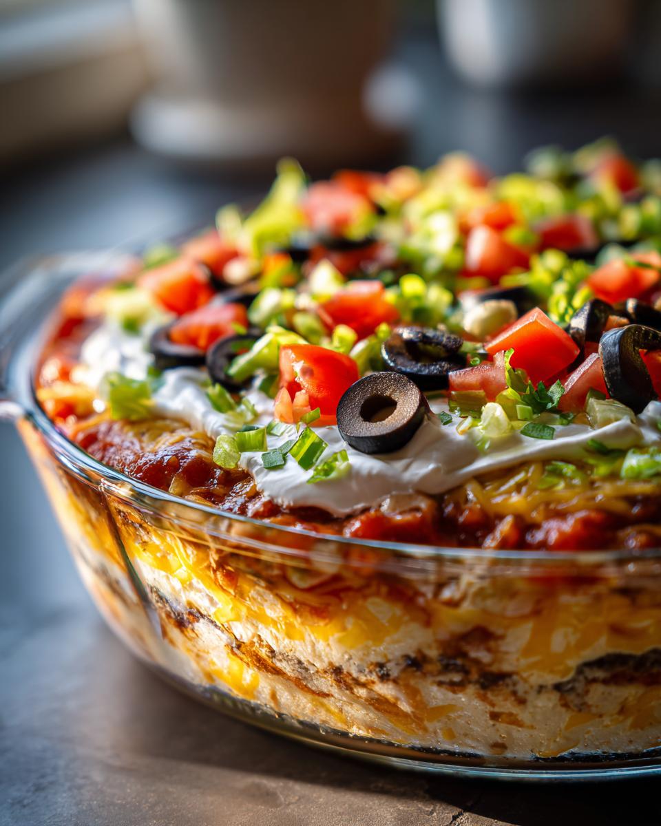 Close-up of a vibrant Seven layer dip showing distinct layers topped with sour cream, tomatoes, olives, and green onions.