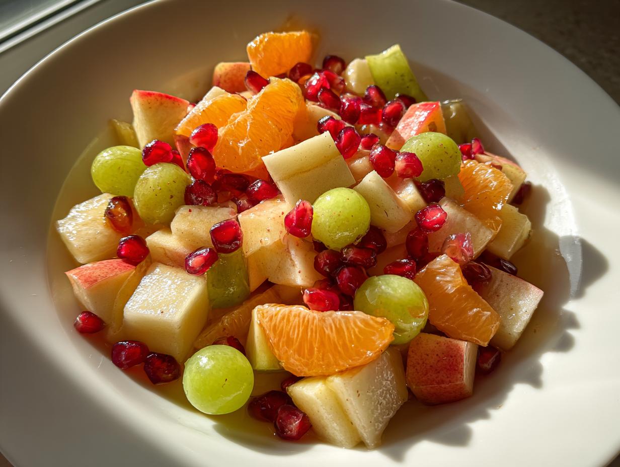 Close-up of a vibrant winter fruit salad featuring grapes, orange segments, pomegranate seeds, and diced apples.