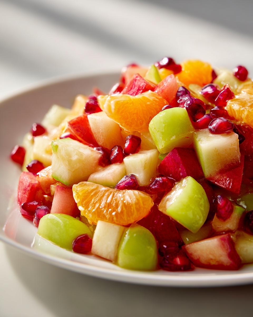 Close-up of a vibrant winter fruit salad featuring orange segments, green apple, melon, and bright red pomegranate seeds.