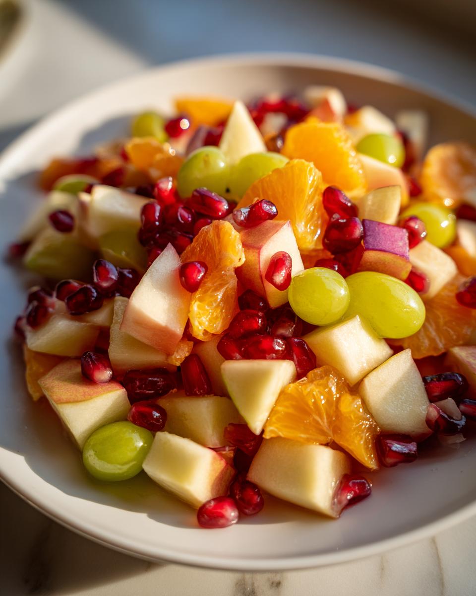 Close-up of a colorful winter fruit salad featuring diced apples, orange segments, green grapes, and bright pomegranate seeds.