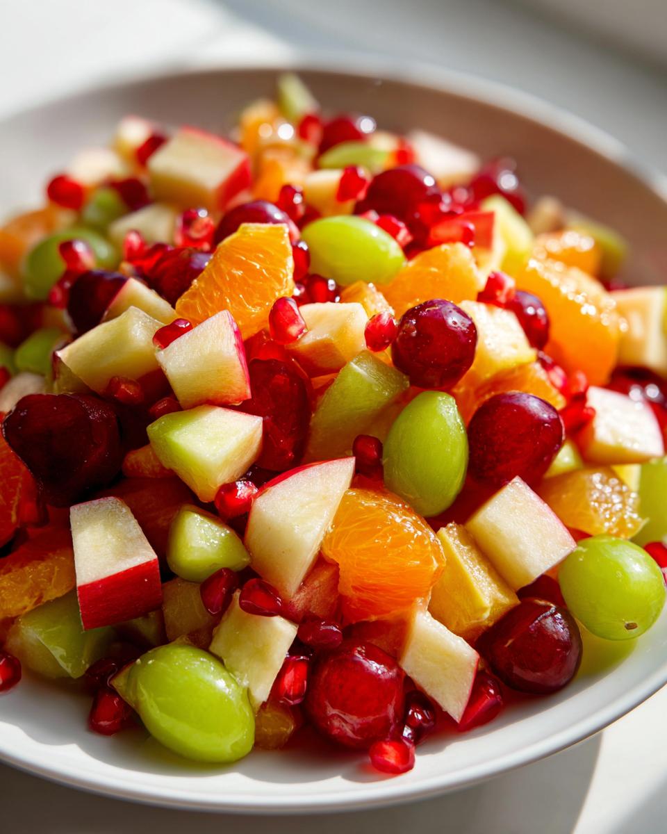 Close-up of a vibrant winter fruit salad featuring chopped apples, orange segments, grapes, and pomegranate seeds.