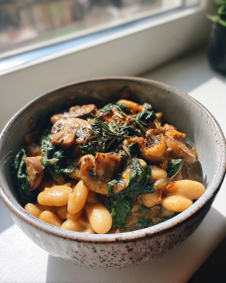 A close-up of a serving of white bean mushroom stew topped with spinach and rosemary.