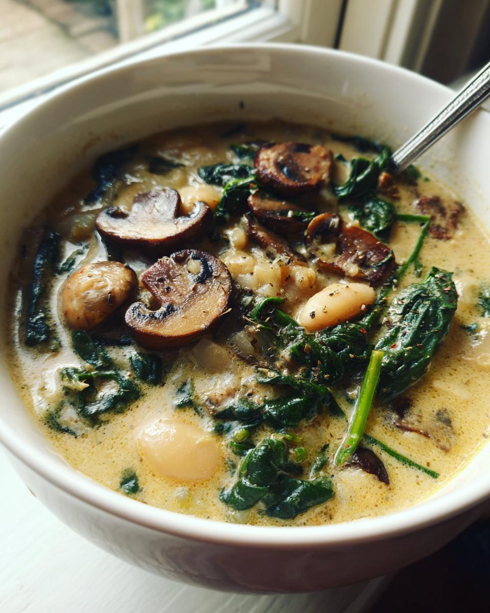 Close-up of a hearty white bean mushroom stew with wilted spinach and creamy broth, served in a white bowl.
