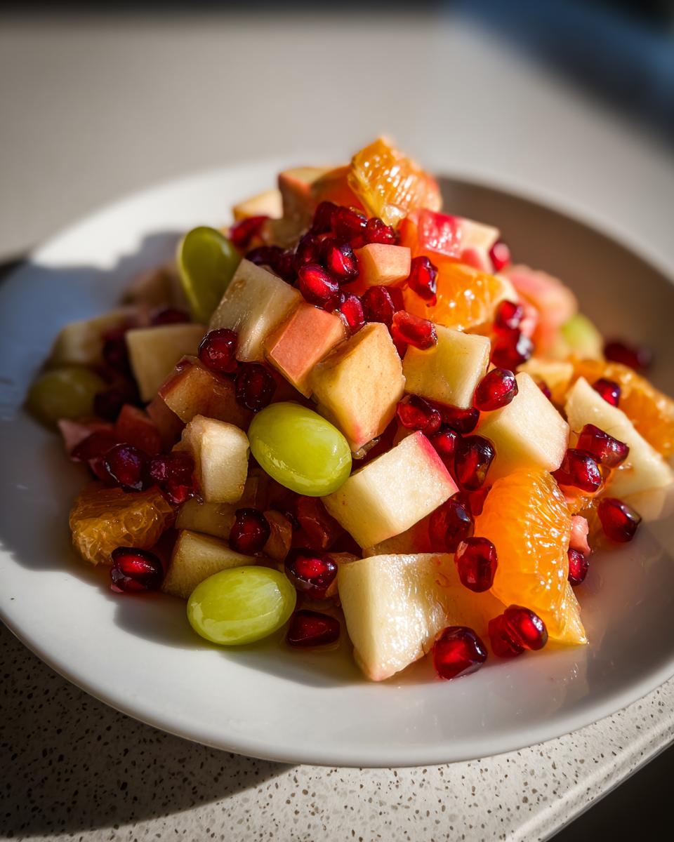 Close-up of a bright winter fruit salad featuring diced apples, orange segments, green grapes, and pomegranate seeds.