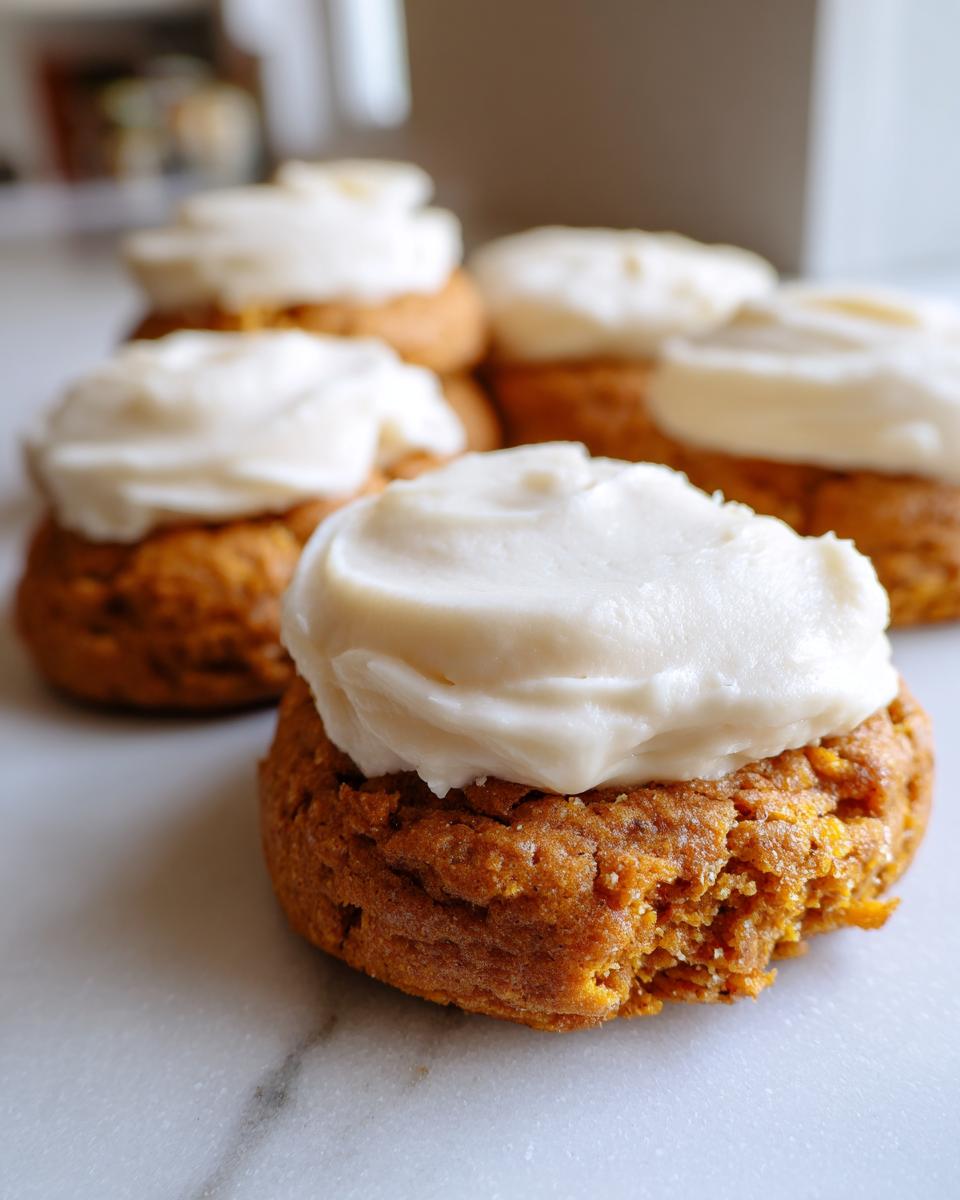 A close-up of a soft, orange pumpkin cookie topped with thick white cream cheese frosting.