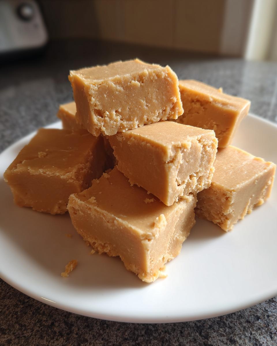 A close-up stack of creamy, light brown peanut butter fudge squares resting on a white plate.