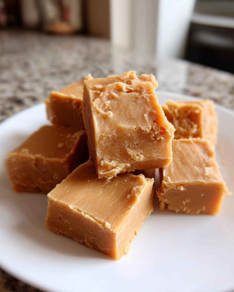 A stack of creamy, square pieces of homemade peanut butter fudge resting on a white plate.