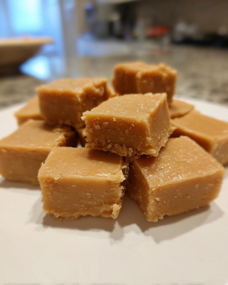 A pile of creamy, light brown squares of homemade peanut butter fudge stacked on a white plate.