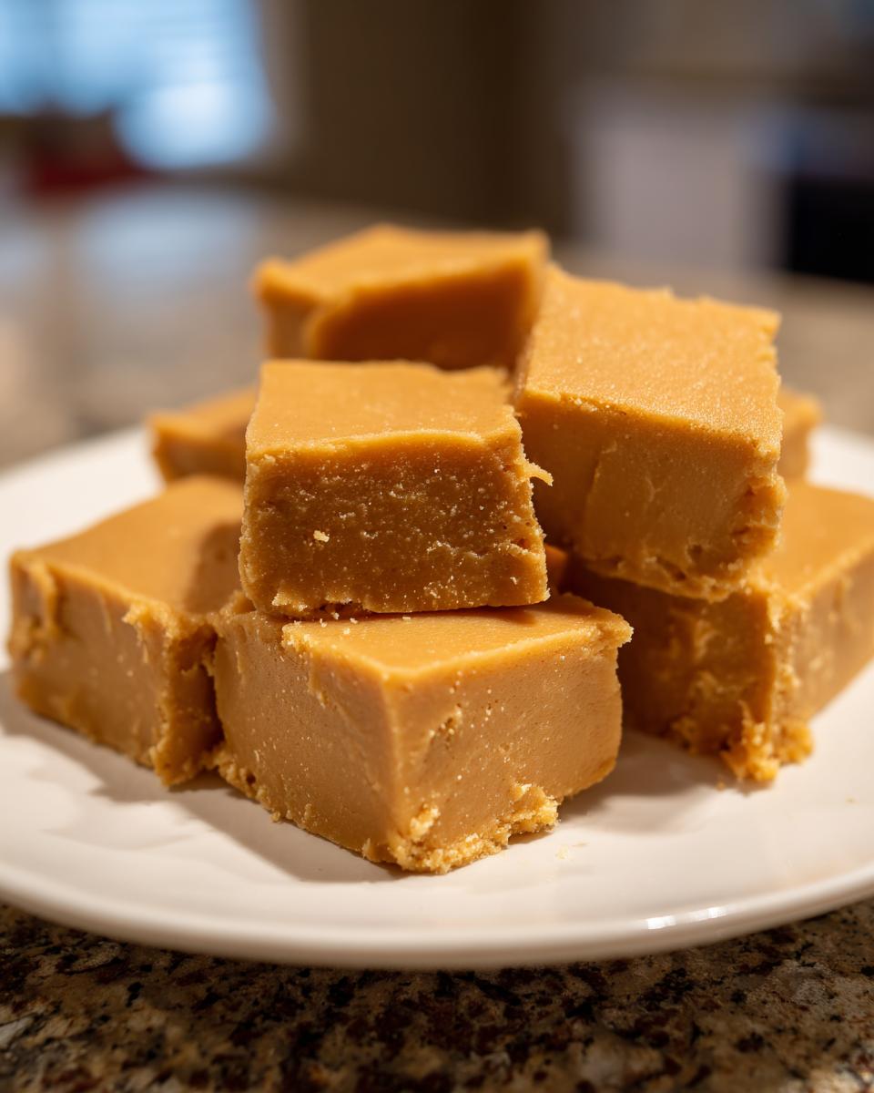 A close-up stack of rich, creamy peanut butter fudge squares resting on a white plate.
