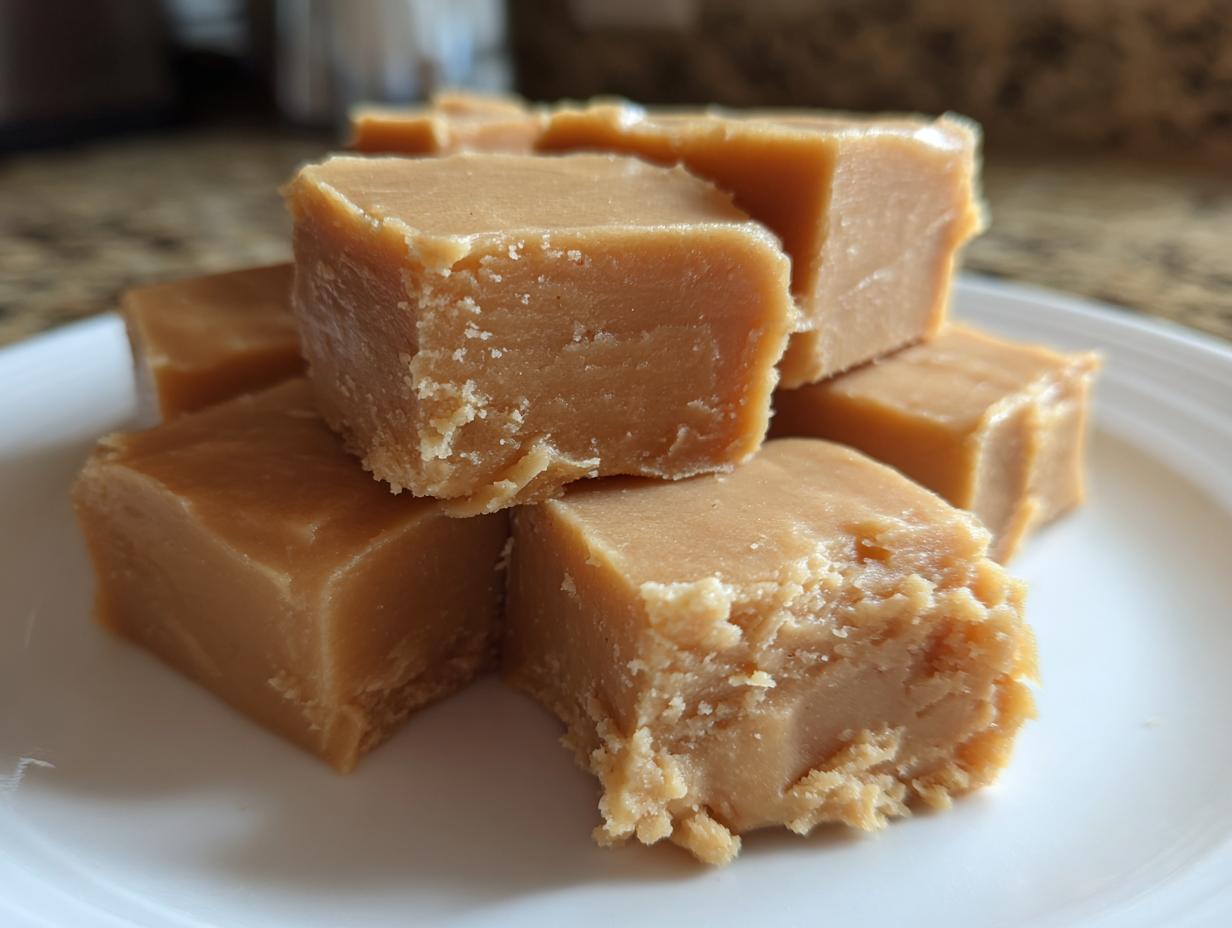 A stack of creamy, light brown squares of 3-ingredient peanut butter fudge resting on a white plate.