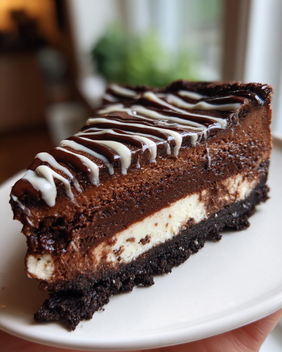 A close-up of a rich slice of 3-layer chocolate cheesecake with white and dark chocolate drizzle.