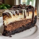 A tall slice of 3-layer chocolate cheesecake with dark crust, chocolate mousse, cream cheese layer, and chocolate drizzle.